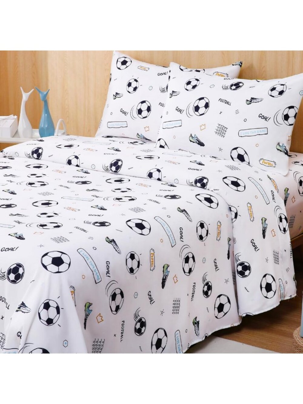 Kids Queen Sheet Set, 4-Piece Cartoon Bedding for Teens, Soccer Print, Deep